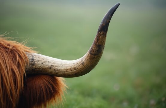 Close-up of a Highland cow long horn and shaggy reddish-brown fur. The animal stands in a soft-focus green grassy field. Focus is on the textured horn.