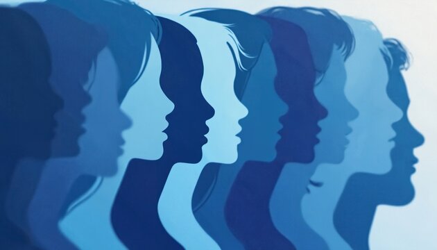 Abstract row of diverse people profiles in blue tones. Silhouettes show different men, women faces, community, inclusion, equality. Illustration represents humanity, unity, shared experience in