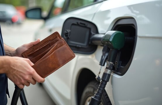Man shows empty wallet at gas station with fuel nozzle inserted in car. Driver no money for gasoline. High petrol price causes financial struggle. Cost of living crisis affects auto budget for travel - Powered by Adobe