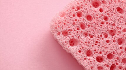 A vibrant pink sponge covered in bubbles rests on a soft pastel pink background. The sponge features a unique texture, adding a playful touch to the scene.