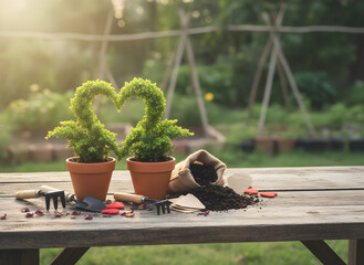 heart-shaped topiary plants in terracotta pots with gardening tools on wooden table