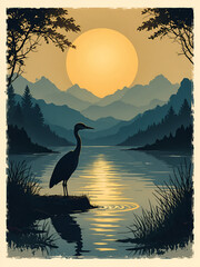heron on the lake, vector silhouette illustration  eps
