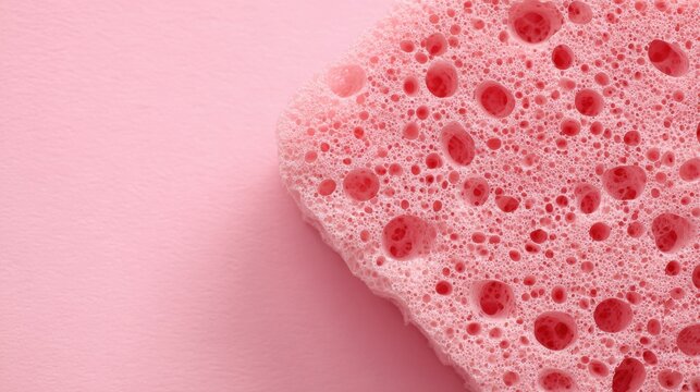 A vibrant pink sponge covered in bubbles rests on a soft pastel pink background. The sponge features a unique texture, adding a playful touch to the scene.