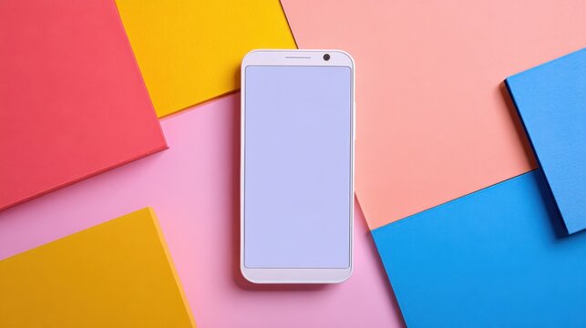 A sleek smartphone rests on a bright arrangement of colorful squares in pink, blue, red, and yellow. This lively setup creates an inviting atmosphere for creativity and productivity.