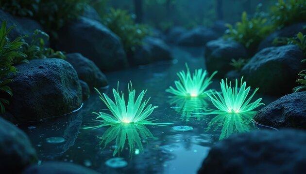 Glowing plants float on dark water with rocks nearby. Green aquatic flora illuminates pool surface. Night scene nature background. Mystical forest stream serene setting.