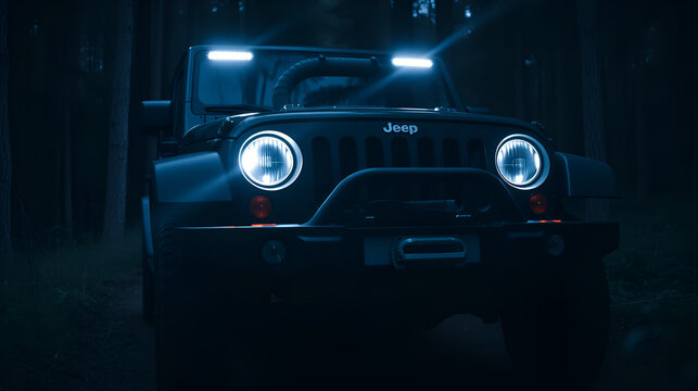 Black 4x4 vehicle parked in dark forest setting with headlights and auxiliary lights on
