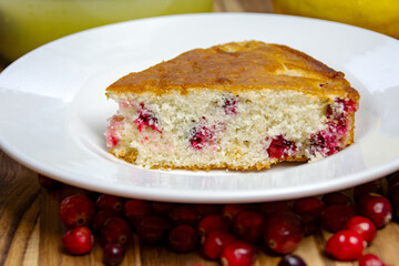 A thick slice of moist homemade cranberry cake centered on a clean white plate, showcasing the golden crust and cranberry-filled crumb. Cozy dessert.