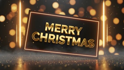 Merry christmas gold text with neon frame and bokeh lights background