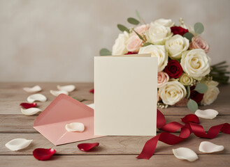 romantic stationery scene with empty card, roses, ribbon, and petals for valentines message