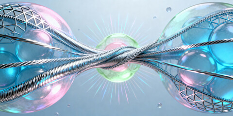 An abstract fusion of organic cellular structures and synthetic fiber networks, echoing modern biotech aesthetics