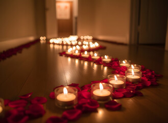elegant candlelight aisle with rose petals in luxury corridor for engagement surprise setup
