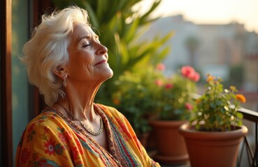 Elderly woman enjoys morning sun on balcony garden. She breathes deeply with eyes closed, a serene smile on her face, embracing peaceful retirement.