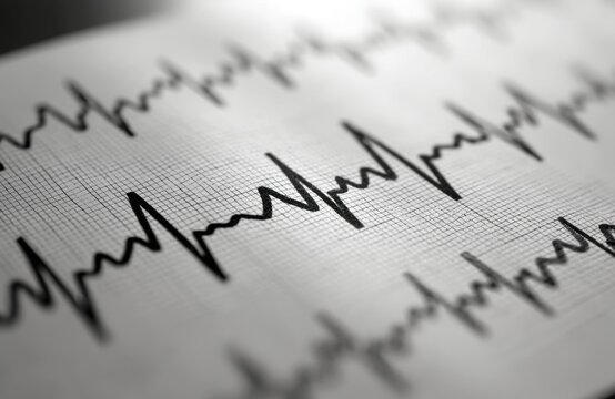 Electrocardiogram paper shows irregular heartbeat line graph. Medical test displays cardiac rhythm waveform. Close-up view of heart rate chart. Health checkup result.