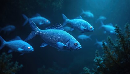 Obraz premium Blue bioluminescent fish swim in dark deep ocean water. Glowing bodies create mesmerizing light show. Marine animals move through mysterious underwater world near coral. Luminous sea creatures