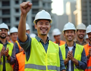 Construction workers cheer with raised fists and smiles on site. Men in hard hats and vests celebrate project completion and teamwork. Building industry professionals share moment of group success.
