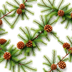 Fototapeta premium Garland with green fir branches and cones isolated on white