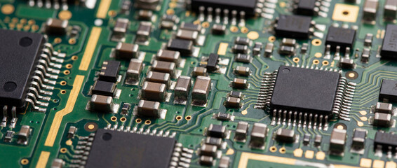 Electronic circuit board close-up with components and circuits  