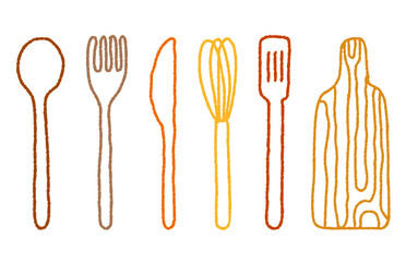 Hand-drawn charcoal cutlery and kitchen tools line art. Fork, spoon, knife, whisk, spatula, and cutting board set