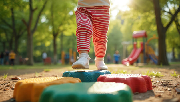 Little kid walks on colorful stepping stones in park playground. Child learns balance outdoor on sunny day. Focus on kid feet, striped pants, socks, shoes playing.