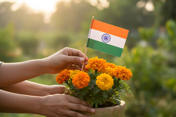 nature inspired indian independence day celebration with flag and orange flowers