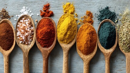 Various spices are neatly displayed in wooden spoons on a wooden table. The vibrant colors showcase a range of seasonings perfect for enhancing dishes.