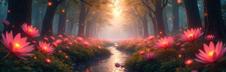 Naklejka premium Enchanted magical forest with calm stream flowing. Many bright glowing pink flowers bloom along banks. Golden sunbeams pierce through tall dark trees, casting warm light. Mystical woods scene offers