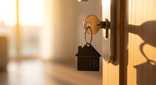 House key with a house shaped keychain hanging on an open door - Powered by Adobe