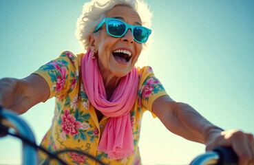 Elderly woman in bright floral shirt and sunglasses rides a bicycle. She smiles widely, enjoying sunny day outdoors. Vibrant colors express joy and lively active senior life.