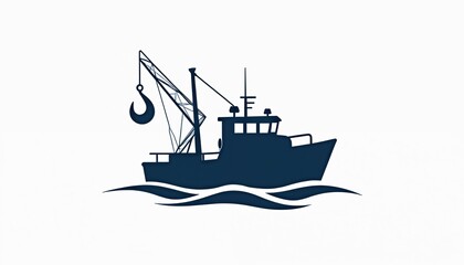 Obraz premium Silhouette art illustrates a navy fishing boat with crane on waves. Marine vessel sails in sea, commercial fishing in ocean for seafood business. Industry of fishery isolated on white.