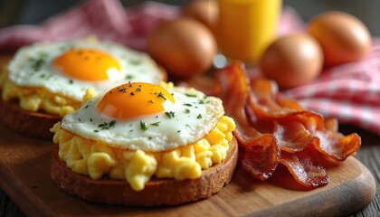 Two open faced sandwiches with scrambled eggs, fried eggs on top, and bacon on side. Served on toast with parsley and pepper. Orange juice in background.