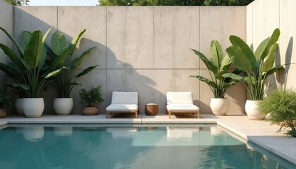 Modern minimalist pool area with white lounge chairs near large potted plants, concrete walls. Bright sun illuminates tranquil turquoise water reflecting shadows creating serene summer ambiance for