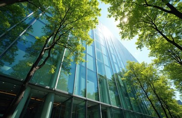 Obraz premium Modern eco glass office with green trees on sunny day. Sustainable architecture integrates nature into urban design. Corporate facade reflects foliage, promoting environmentally friendly business,