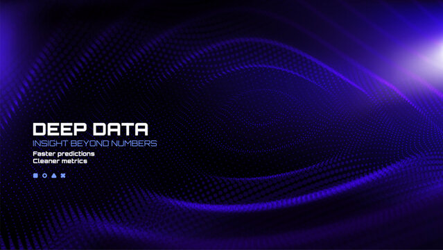 Deep data insight beyond numbers concept for future predictions and cleaner metrics. Abstract digital technology background with flowing particle wave.