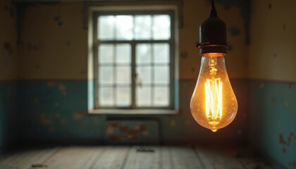 Glowing light bulb hangs against an old room. Retro edison lamp with filament illuminates dark interior with textured walls and window. Antique light fixture adds vintage charm to design.