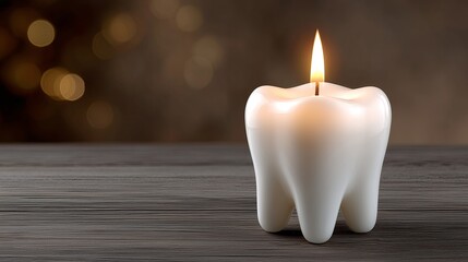 A white candle shaped like a tooth sits on a wooden table