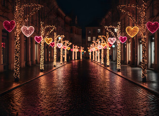 dreamy night cityscape with hanging heart lanterns for love celebration