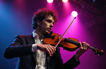 Fototapeta premium Young man plays violin on stage with colorful lights. He wears a suit and performs for an audience. The musician has curly hair and looks focused on his performance.