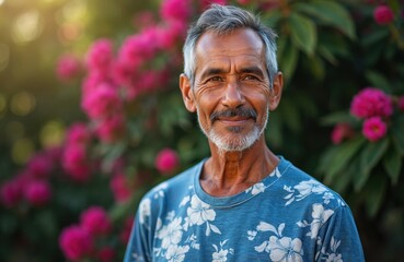 Happy senior man with grey hair, beard smiles outdoors. Wears blue floral shirt. Sunlight illuminates face, creating warm portrait. Pink flowers, green leaves blur in garden background. Older person