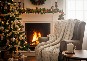 Fototapeta premium A cozy, warm Christmas scene featuring an armchair covered with a knitted blanket next to a decorated tree, a mug of hot cocoa, and a burning fireplace.