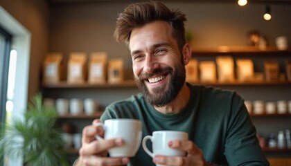 Man smiles with coffee cups in cafe interior, shelves with coffee bags visible. Person enjoys beverage and warm atmosphere. Relaxed male holds mugs, casual scene.