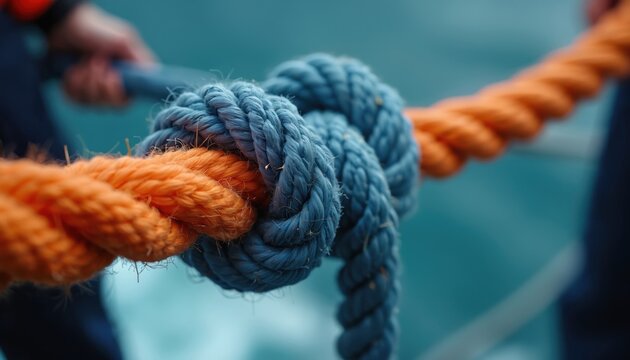 Blue and orange marine ropes are tied in a complex knot. A person hand pulls the line. This image symbolizes strong connection, teamwork, unity, security, and maritime collaboration concept.