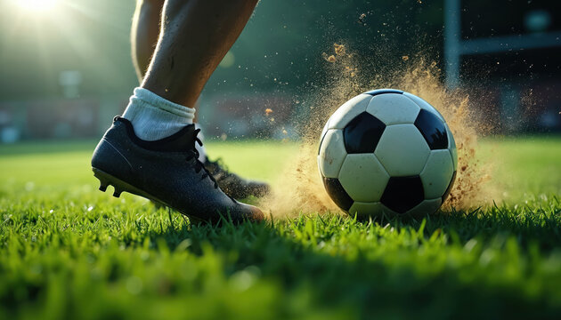 Soccer player foot with cleated shoe forcefully kicks classic black white ball on green grass field. Dirt, turf particles burst from intense impact. Bright sunlight flares in background. Intense