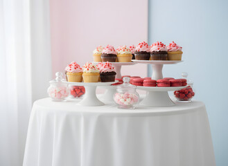 pastel dessert bar with macarons cupcakes and candy for wedding shower or valentine