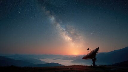 Radio Telescope Dish under Starry Sky at Sunrise