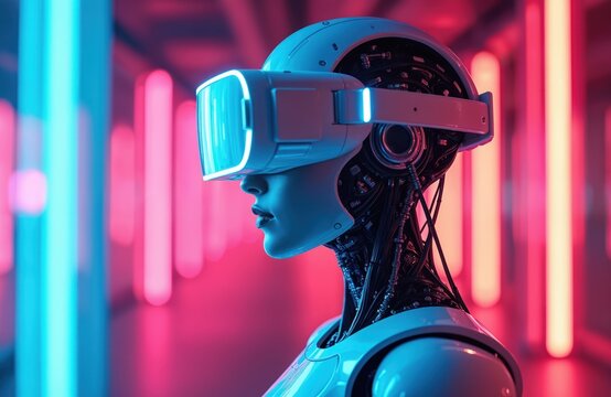 Cyborg girl wears VR headset. Robot in virtual reality with neon lights. AI futuristic tech concept. Android augmented reality simulation. Machine future interface device innovation. Metaverse