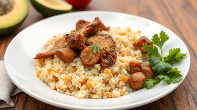 Haitian griot fried pork rice and pikliz plated beautifully on white ceramic slightly zoomed out clean shot