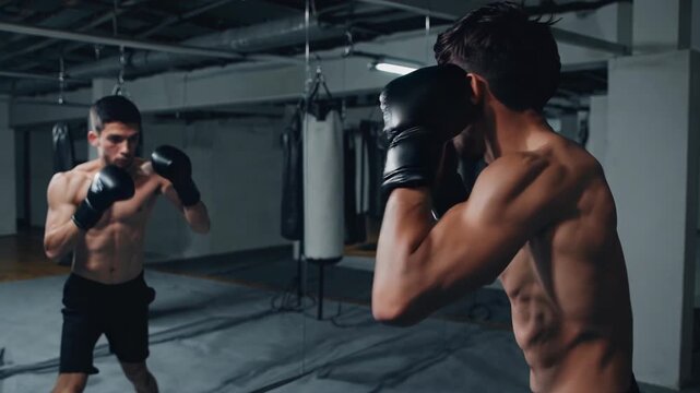 Athletic boxer man training in a dark boxing studio, shadow boxing and punching with grit and focus, showing preparation, strength, stamina and fierce determination during workout