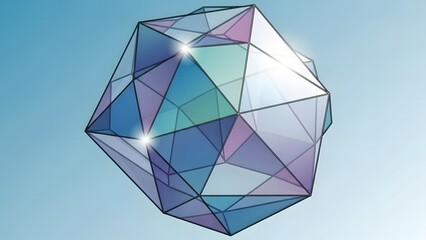 Geometric abstract crystal shape with iridescent facets and light reflections against a blue gradient background