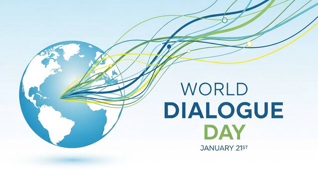 World Dialogue Day poster-style design with minimalist globe, abstract connection paths, clean typography, no humans.”
