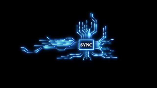 Glowing blue circuit board with the word SYNC in the center. Glowing neon abstract futuristic tech background with circuit board lines.